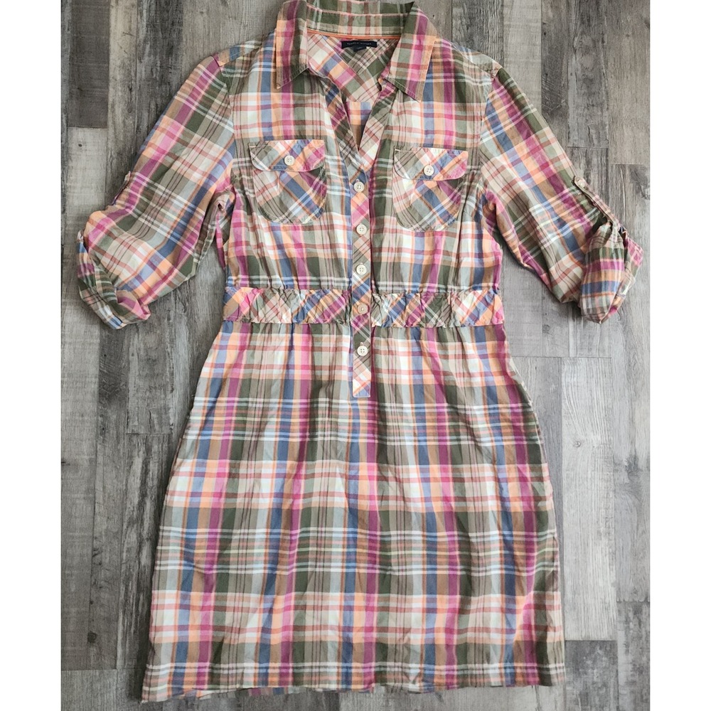 Tommy Hilfiger Shirt Dress Womens 10 Multi Plaid Cotton Roll Tab Sleeve Cinched